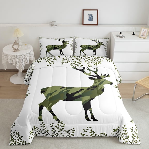 Erosebridal Camouflage Moose Bedding Twin Comforter Set,Wild Animals Down Comforter,Green Botanical Leaves Bedding Sets Twin With Comforter, Breathable Bedroom Decorative,2 Pieces