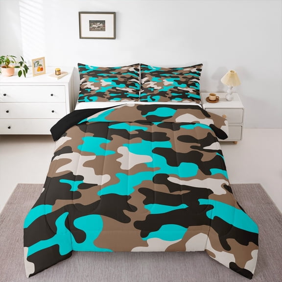 Erosebridal Camouflage Pattern Comforter Sets Twin Size,Abstract Aesthetic Art Comforters & Duvets,Black Gray Cyan Bedding Twin Comforter Set For Youth,Breathable Bedroom Decorative Reversible,2pcs