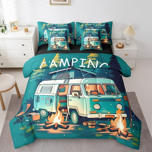 Erosebridal Camper Bed In A Bag,Happy Camping Bedding Set Camper Car Twin Comforter Set 7 Piece,Travel Car RV Pine Trees Bonfire Sheet Set With Comforter Room Decor