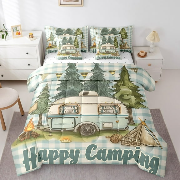 Erosebridal Camper Camping Bedding Sets Queen Size, Lake House Comforter Sets with Sheets, Rustic Room Decor, Reversible 7-Piece