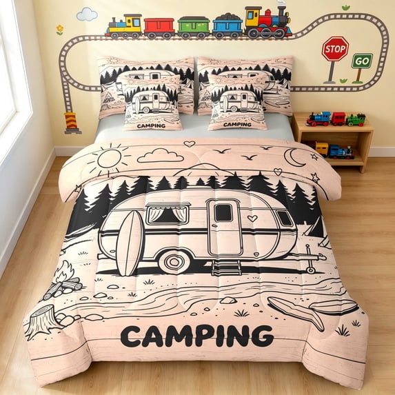 Erosebridal Camper Full Size Bedding Sets, Camping Full Size Bed in a Bag, Pink Camping, Gray Reversible 7 Pieces