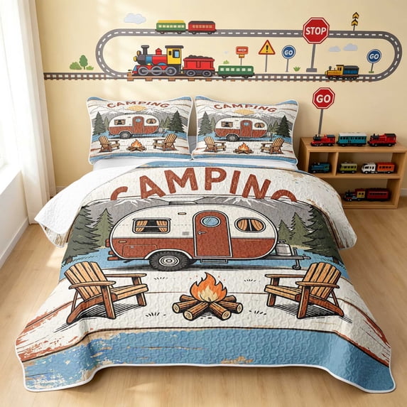 Erosebridal Camper Quilt King, Camping King Coverlet Set, Camping Mountain 3 Pieces 1 Bedspread and 2 Pillowcases