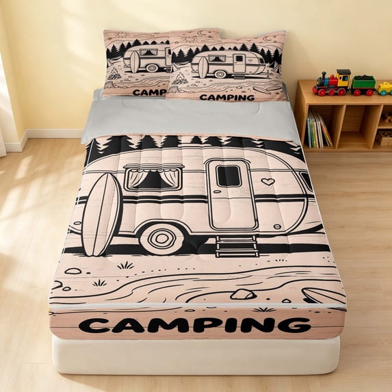 Erosebridal Camper Zipper Twin Comforter Sets with Fitted Sheet and 2 Pillowcases, Camping Zipper Bedding Set, Pink Camping, Gray Reversible