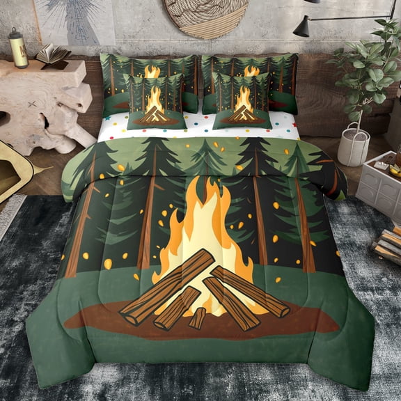 Erosebridal Camping Campfire Twin Bedding Sets 7-Piece for Boys Girls,Adventure Theme Bedding Comforter Set for Kids Teens,Luxury Bedroom Decor