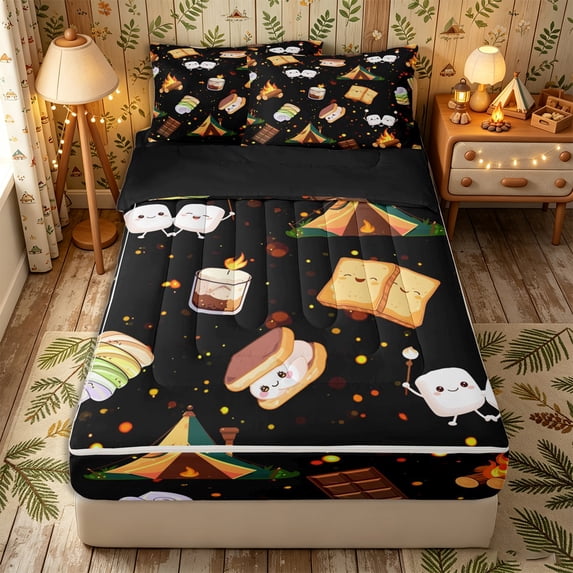 Erosebridal Camping Marshmallow Pattern Zipper Queen Comforter Set with Fitted Sheet and 2 Pillowcases,Bonfire Tent Print Zipper Bedding Set,Black Orange,Black Reversible