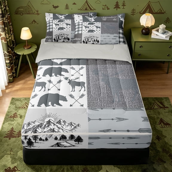 Erosebridal Camping Patch Zipper Twin Comforter Sets with Fitted Sheet and 2 Pillowcases,Deer Bear Arrow Zipper Bedding Set For Boys,Light Gray Reversible,4pcs