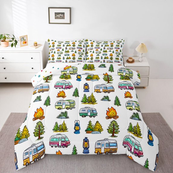 Erosebridal Camping RV Car Queen Comforter Set 3pcs For Kids Teens,Happy Adventure Bedding Comforter Set For Boys Girls,Breathable Home Decor