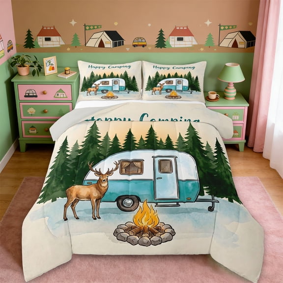 Erosebridal Camping RV Queen Comforter Set For Travel Trailers Queen Comforter Set,Rustic Cabin Deer Bedding Comforter Set For Boys Kids,Reversible lightgray,3 Pieces