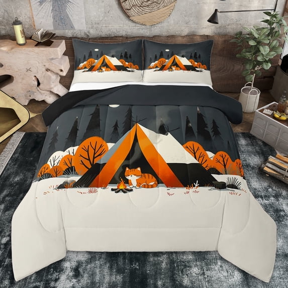 Erosebridal Camping Tent Cartoon Cat Queen Comforter Set 3pcs for Boys Girls,Adventure Theme Bedding Comforter Set for Kids Teens,Black Reversible,Breathable Home Decor