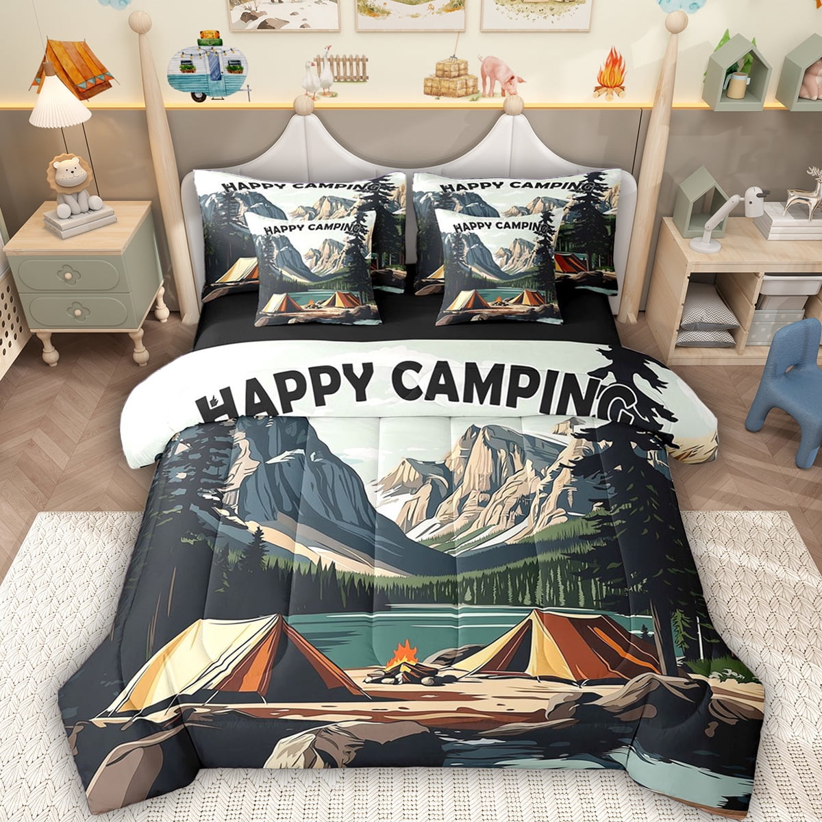 Erosebridal Camping Theme Bedding Comforter Set, Nature Mountain Lake ...
