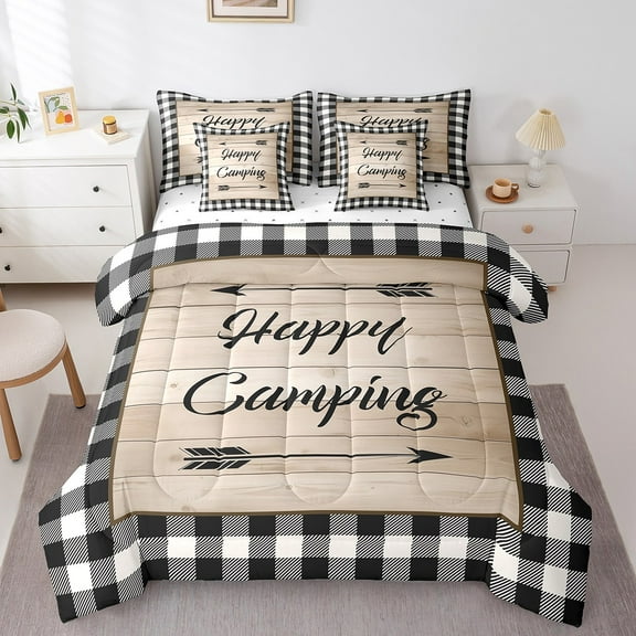 Erosebridal Camping Theme Bedding Sets Twin Size, Rustic Farmhouse Lodge Cabin Comforter Sets with Sheets, White Black Buffalo Bedding Accessories, Super Cozy Bedroom Decoration, Reversible 7pcs