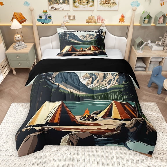 Erosebridal Camping Theme Twin Comforter Sets, Nature Mountain Lake Bedding Set, Black Reversible, 1 Comforter and 1 Pillowcase