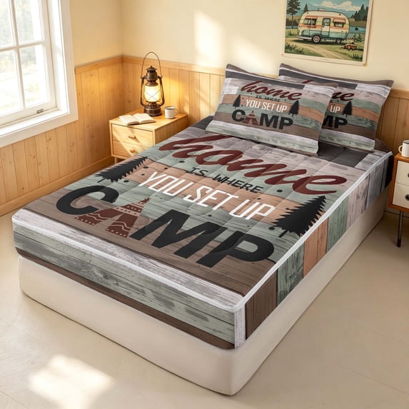 Erosebridal Camping Theme Zipper Full Size Comforter Sets with Fitted Sheet and 2 Pillowcases, Brown Farmhouse Zipper Bedding Set, Reversible