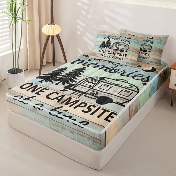 Erosebridal Camping Theme Zipper Twin Comforter Sets with Fitted Sheet and 2 Pillowcases, RV Accessories Camper Zipper Bedding Set