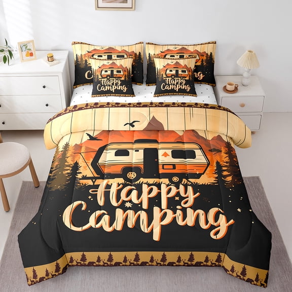 Erosebridal Campsite Camp Car Bedding Sets Twin Size,Camping Theme Comforter Sets with Sheets,Jungle Botanical Pine Bed in a Bag Twin Size,Super Cozy Room Decoration Reversible,7-Piece