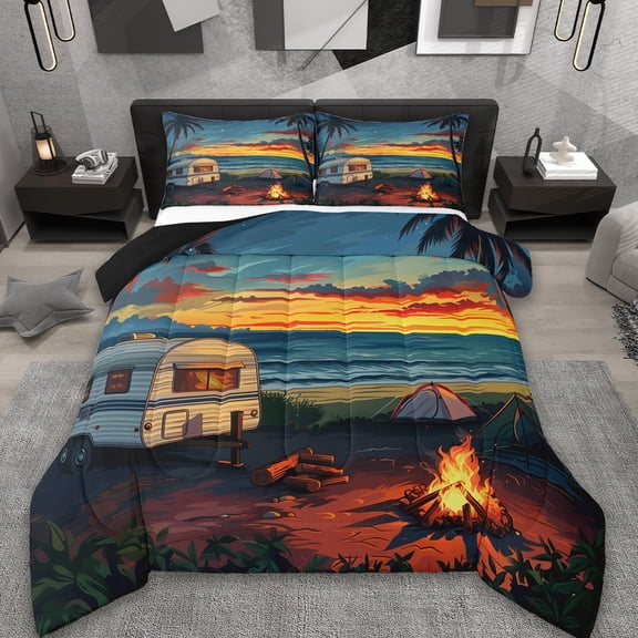 Erosebridal Campsite Camp Car Comforter Sets King Size,Camping Theme Comforters & Duvets,Sea Traveling Adventure Bedding King Comforter Set,Breathable Room Decor Reversible,3pcs