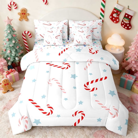 Manfei Candy Cane Twin Bedding 7pcs Christmas Bedding Comforter Set, Black Gold, Stars Reversible