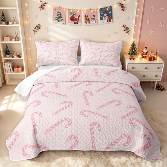 Erosebridal Candy Cane Twin Quilt Set, Merry Christmas Twin Coverlet Set, Light Pink, 2-Piece, 1 Bedspread and 1 Pillowcase
