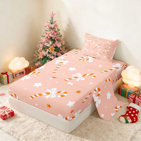 Manfei Candy Cane Twin Sheets Christmas Bedding, Brown Cream 3-Piece (1 Flat Sheet, 1 Fitted Sheet and 1 Pillowcase)