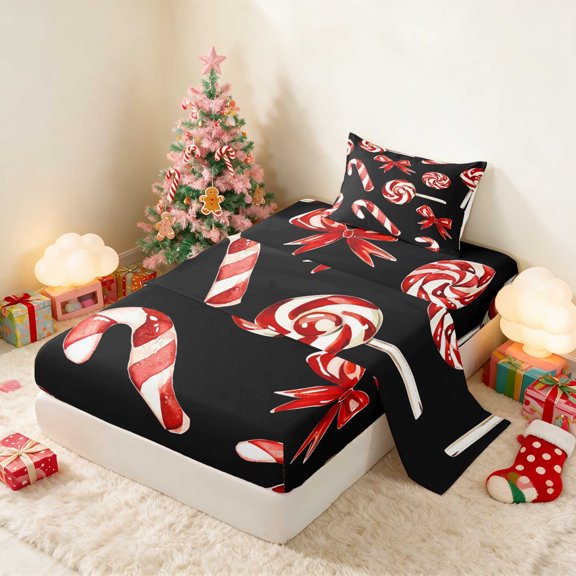 Manfei Candy Cane Twin Sheets Christmas Bedding, Lilac White 3-Piece (1 Flat Sheet, 1 Fitted Sheet and 1 Pillowcase)
