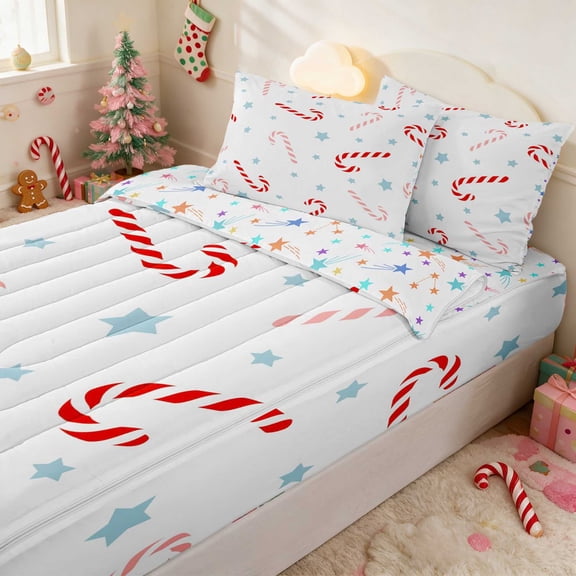 Manfei Candy Cane Zipper Twin Comforter Sets with Fitted Sheet and 2 Pillowcases Christmas Zipper Bedding Set, Black Gold, Stars Reversible
