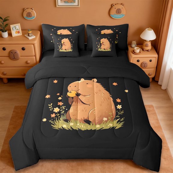 Erosebridal Capybara 7-Piece Twin Bedding Sets,Rustic Plant Colorful Cute Flowers Bedding Comforter Set For Girls Kids ,Reversible Black