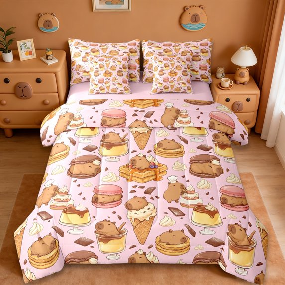 Erosebridal Capybara 7 Pieces Bedding Comforter Set For Cartoon Rodent Animals,Sweet Dessert Ice Cream Full Bedding Set For Kids Girls ,Reversible Pink