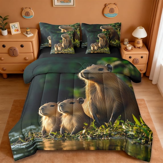 Erosebridal Capybara 7pcs Bedding Comforter Set,Wild Rodent Animal Queen Bedding Sets For Kids Girls ,Reversible Black