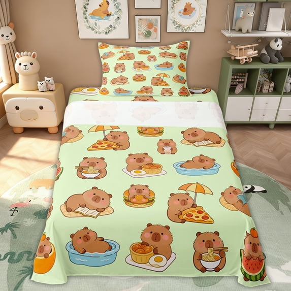 Erosebridal Capybara Animals Twin Sheet Sets for Kid, Cute Cartoon Bedding, Green, 3 Pieces