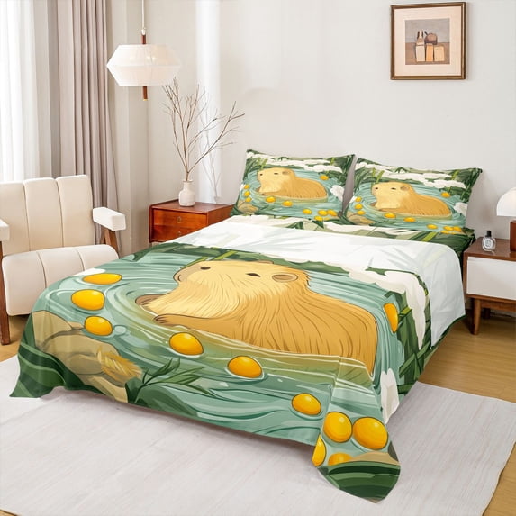 Erosebridal Capybara Bed Sheets,Rustic Plant Green Tree King Sheets For Girls Kids 4-Piece