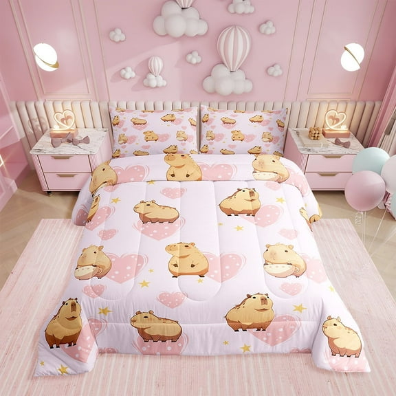 Erosebridal Capybara Comforter Set,Cartoon Animal Bedding Set,Pink Love Heart Reversible Duvet Insert,Cute Capybara Quilt with 1 Pillowcase for Bedroom,Twin