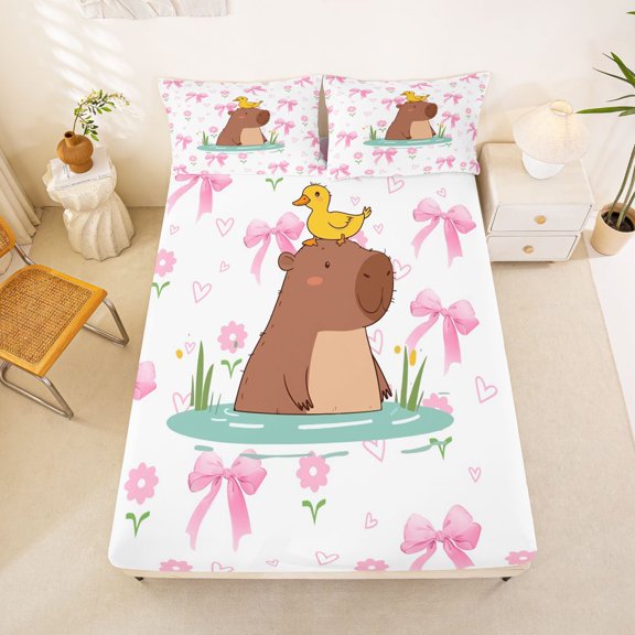 Erosebridal Capybara Duck Bed Sheets for Kids, Pink Bowknot Flower King Sheets, 4pcs