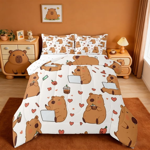 Erosebridal Capybara Full Size Comforter Sets For Capybara Lover,Red Cartoon Lovers Pattern Bedding Sets For Kids Girls Reversible 3 Pieces
