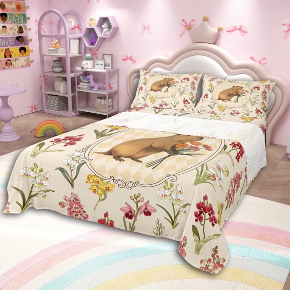 Erosebridal Capybara Holding Flowers Bed Sheets 4pcs For Child Boys Girls,Kids Blooming Floral Geometric Grid King Sheets,Breathable Home Decor