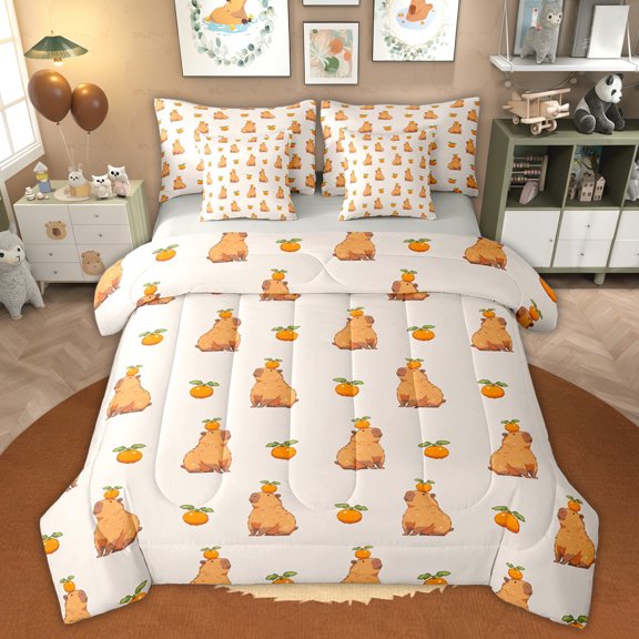 Erosebridal Capybara Kids Twin Bedding Sets, Cartoon Orange Fruit Bedding Comforter Set, Grey Reversible, 7-Piece