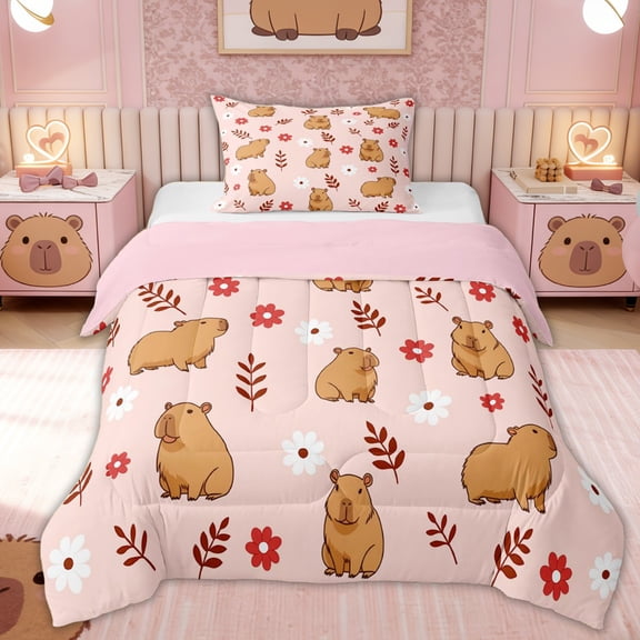 Erosebridal Capybara Kids Twin Comforter Sets, Cartoon Flower Leaf Bedding Set, 2-Piece, Pink Reversible