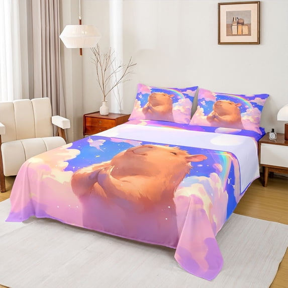 Erosebridal Capybara Lover Bed Sheets,Colorful Graffiti Rainbow Print King Sheets For Girls Kids 4pcs