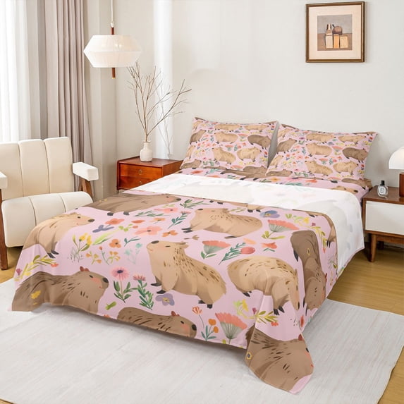 Erosebridal Capybara Lover Full Size Sheets,Cartoon Mouse Rustic Floral Bed Sheets For Girls Kids 4pcs