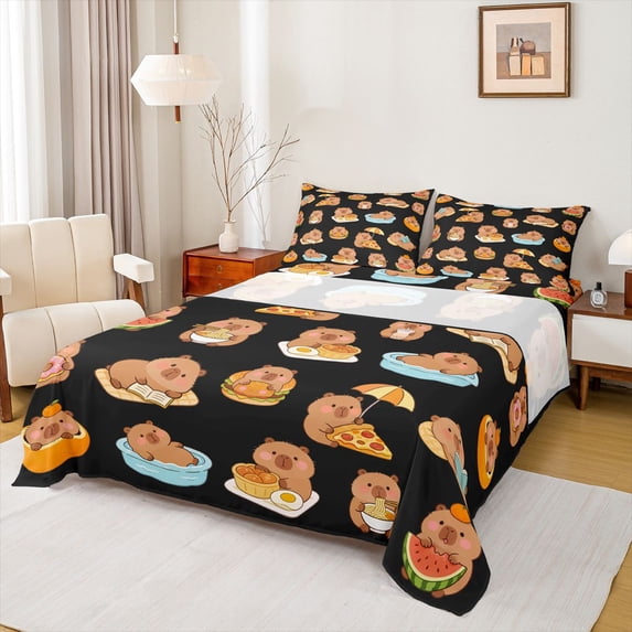 Erosebridal Capybara Lover Kids Full Size Sheets, Cartoon Animals Bed Sheets, Black, 4-Piece