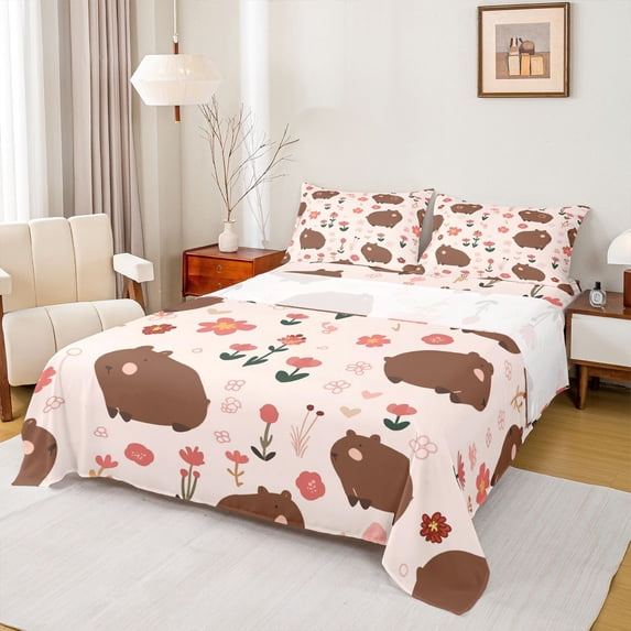 Erosebridal Capybara Lover Kids Queen Sheet Sets, Spring Flower Bed Set, 4-Piece
