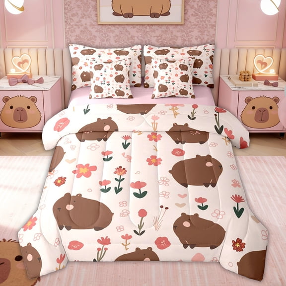 Erosebridal Capybara Lover Kids Twin Bedding Sets, Spring Flower Bedding Comforter Set, Pink Reversible, 7-Piece