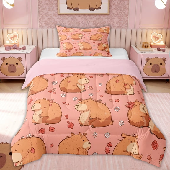 Erosebridal Capybara Lover Kids Twin Comforter Sets, Love Heart Flower Bedding Set, 2 Pieces, Pink Reversible