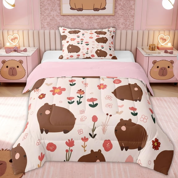 Erosebridal Capybara Lover Kids Twin Comforter Sets, Spring Flower Bedding Set, 2-Piece, Pink Reversible