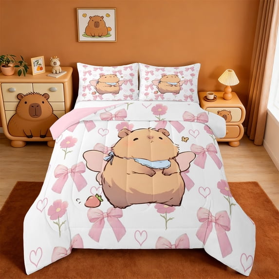 Erosebridal Capybara Lover Queen Comforter Set For Kids,Cartoon Rodent Animals Capybara Bedding Comforter Set For Girls Boys ,Reversible Pink 3-Piece