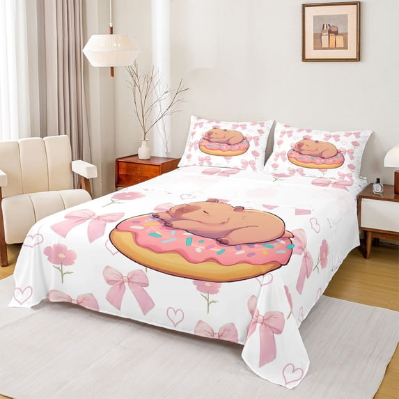 Erosebridal Capybara Lover Queen Sheet Sets,Cartoon Mouse 3D Pink Doughnut Bed Set For Girls Kids 4 Pieces