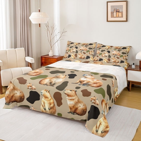Erosebridal Capybara Print Kids Queen Sheet Sets, Brown Rustic Camo Bed Set, 4 Pieces