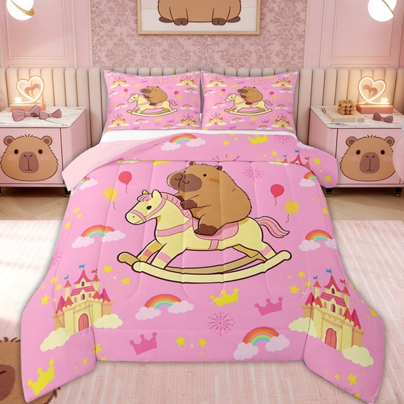 Erosebridal Capybara Queen Comforter Set for Kids, Fairy Castle Bedding Comforter Set, 3-Piece, Pink Reversible