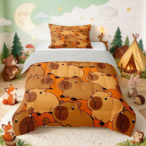Erosebridal Capybara Twin Comforter Sets for Boys Girls, Orange Background Bedding Set, Gray Reversible 2 Pieces 1 Comforter and 1 Pillowcase