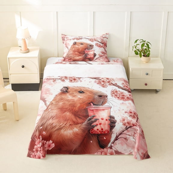 Erosebridal Capybara Twin Sheet Sets For Capybara Lover,Pink Peach Blossom Bedding For Kids Girls 3pcs