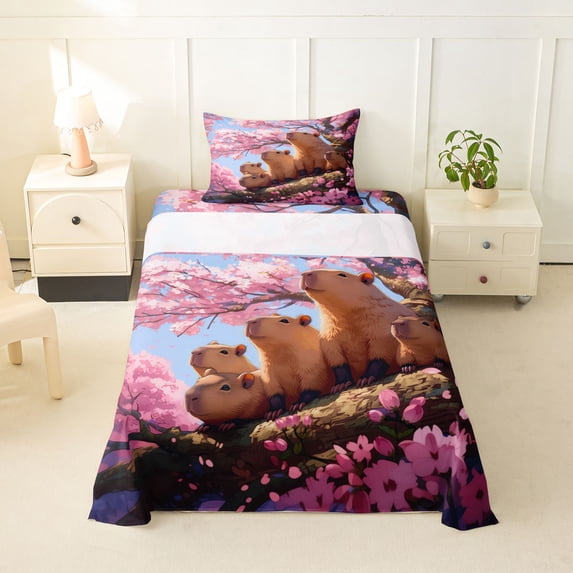 Erosebridal Capybara Twin Sheet Sets For Capybara Lovers,Pink Sakura Cherry Blossom Bedding For Kids Girls 3-Piece